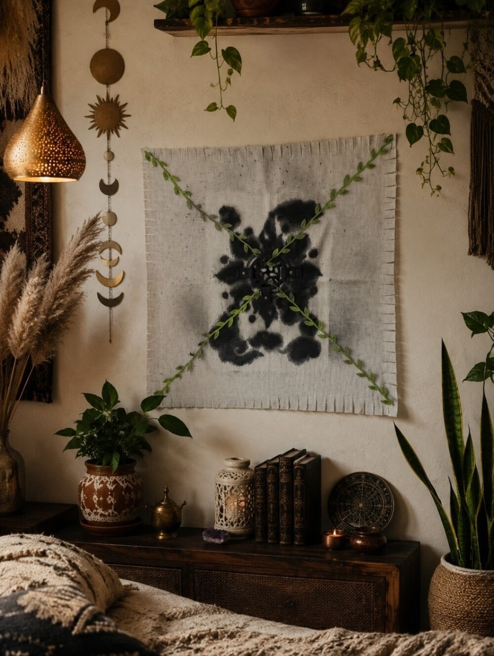 4/$15 Goblin Core Nature Wall Art Panel Black Ink Splotch and Green Leaf